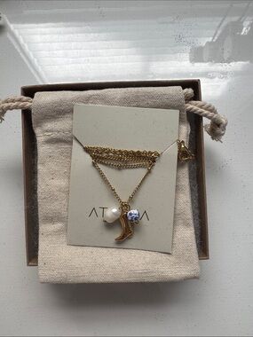 Gold Layered Necklace with Cowgirl Boot, Pearl and Blue-White Ceramic Charm